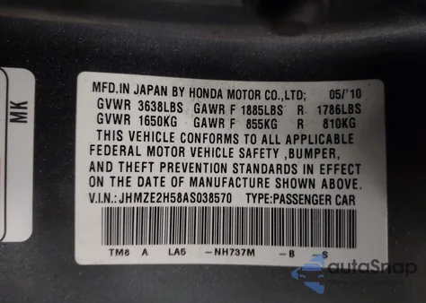 2010 Honda Insight Lx z USA, uszkodzony, nr VIN JHMZE2H58AS038570
